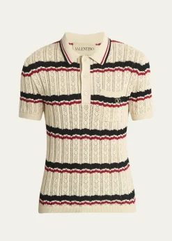 Valentino GaravaniMen's Stripe Cotton Eyelet VLogo-Pocket Polo Shirt