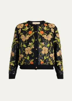 Valentino GaravaniSequined Floral Embroidered Crewneck Cardigan