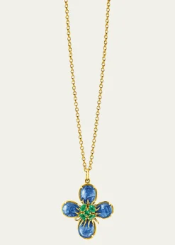 Verdura18K Yellow Gold Sapphire and Emerald Dogwood Pendant Necklace