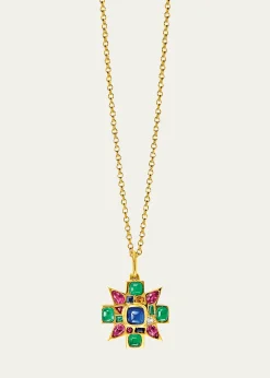 Verdura18K Yellow Gold Sapphire and Emerald Mini Byzantine Pendant Necklace