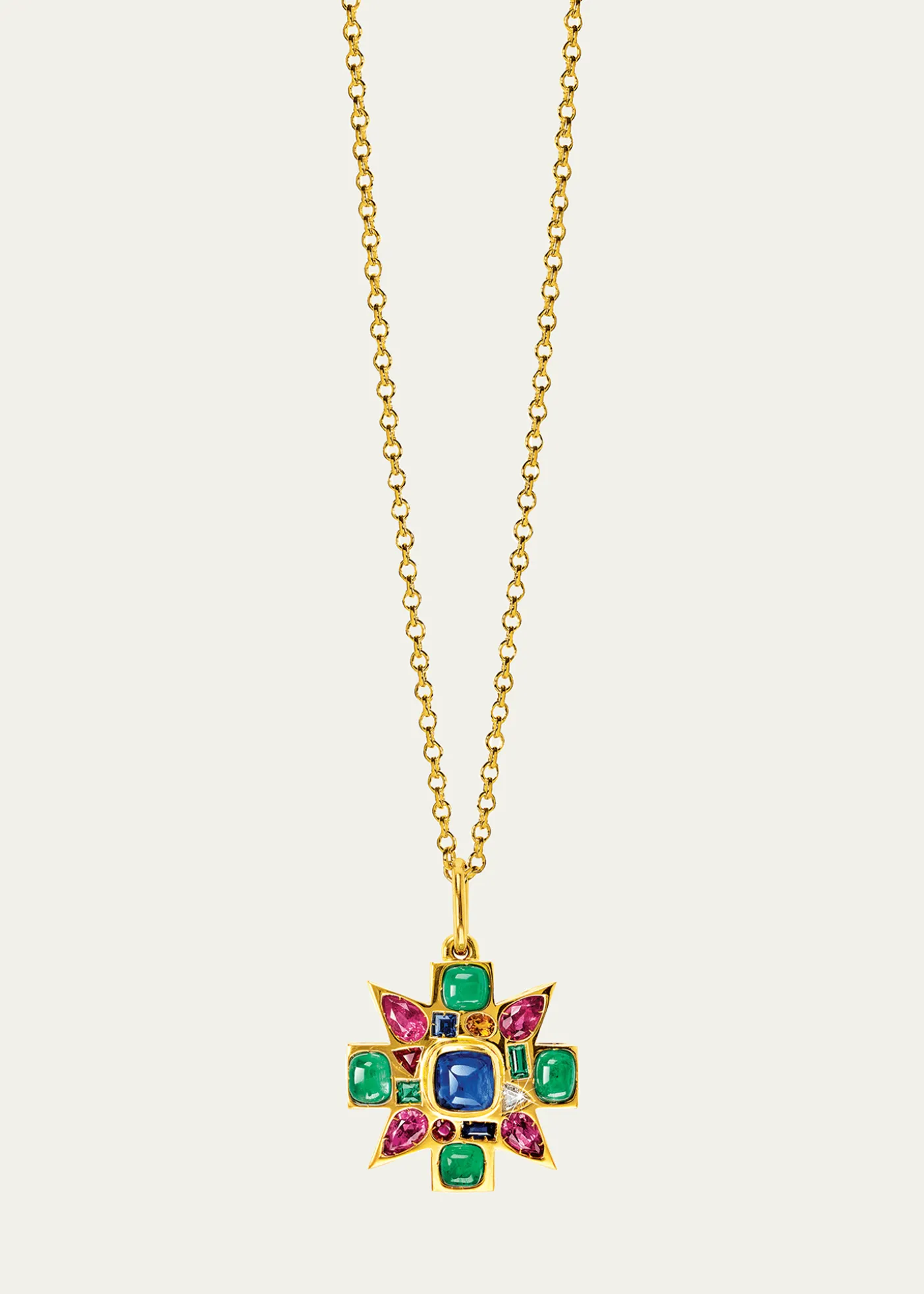 Verdura18K Yellow Gold Sapphire and Emerald Mini Byzantine Pendant Necklace