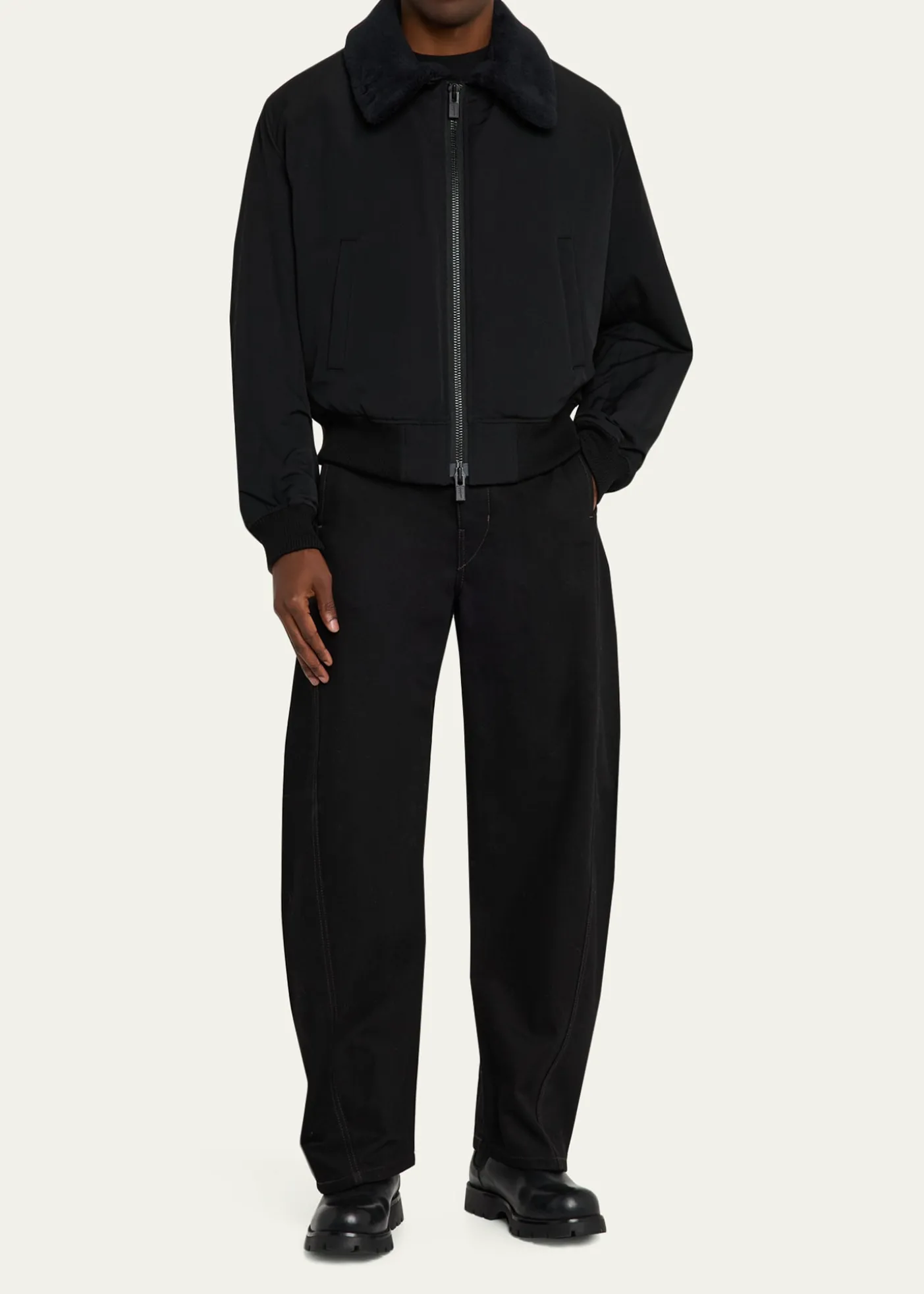 Yohji YamamotoMen's Wool Gabardine Flight Jacket with Removable Faux Fur Collar