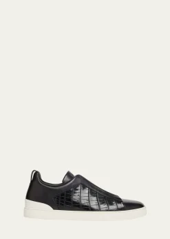 ZEGNAMen's Triple Stitch Alligator Leather Slip-On Sneakers