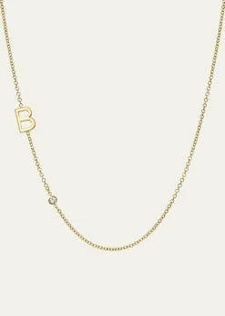 Zoe Lev Jewelry14K Gold Asymmetrical Initial and Bezel Diamond Necklace, 16-18"L
