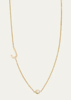 Zoe Lev Jewelry14k Gold Asymmetrical Initial and Bezel Diamond Necklace