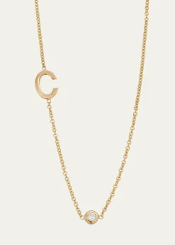 Zoe Lev Jewelry14K Gold Asymmetrical Initial and Bezel Diamond Necklace, 16-18